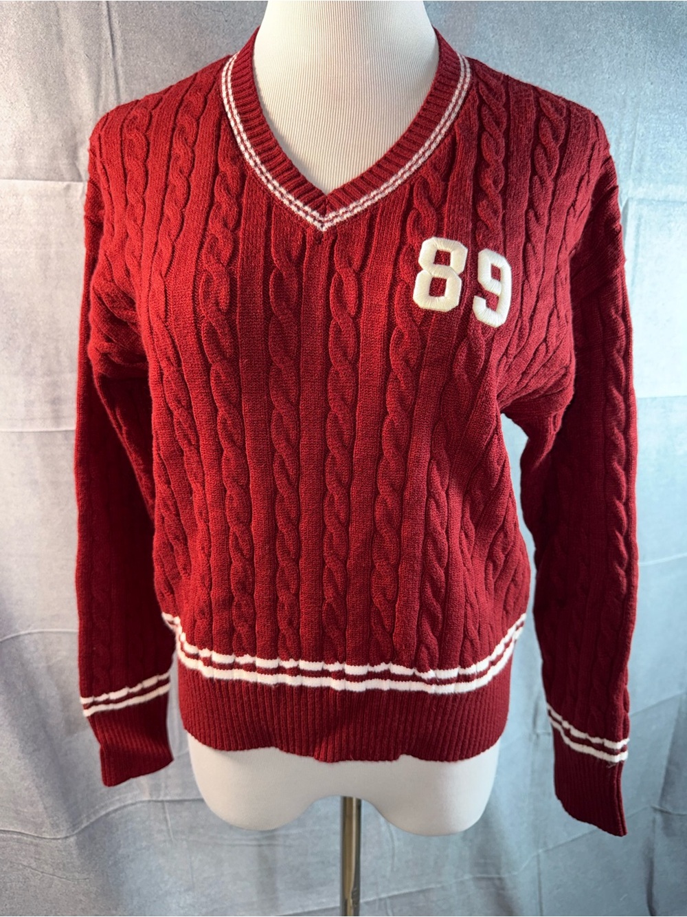 2182-Arden B Red Cable Knit V-Neck Sweater with '89 Patch